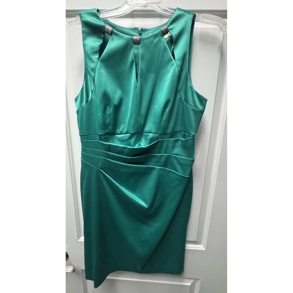 NWT Eliza J Emerald Green Satin Sheath Dress - Jeweled Neckline - Size 14